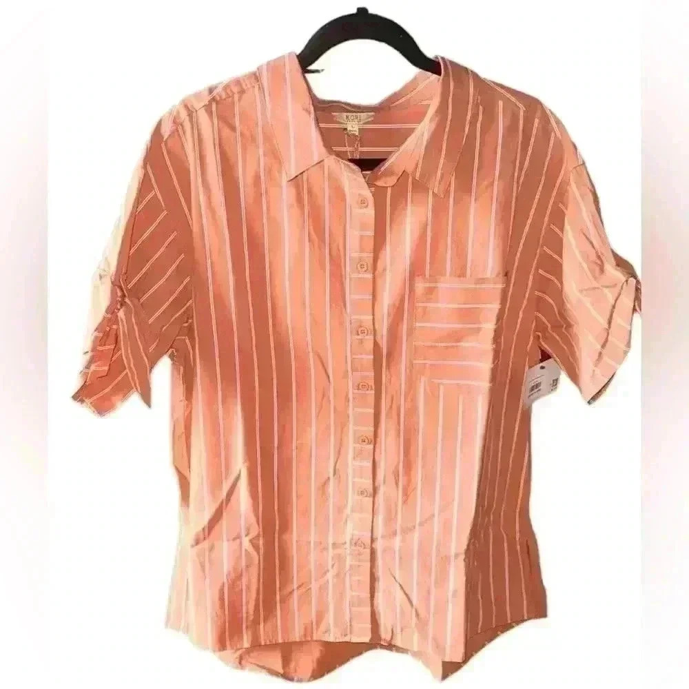 Kori America large brick and yellow pinstripe short sleeve blouse. NWT.
